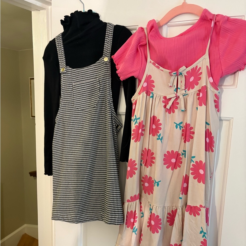 Set of 2 Girls Dresses - Black and White Checkered and pink floral